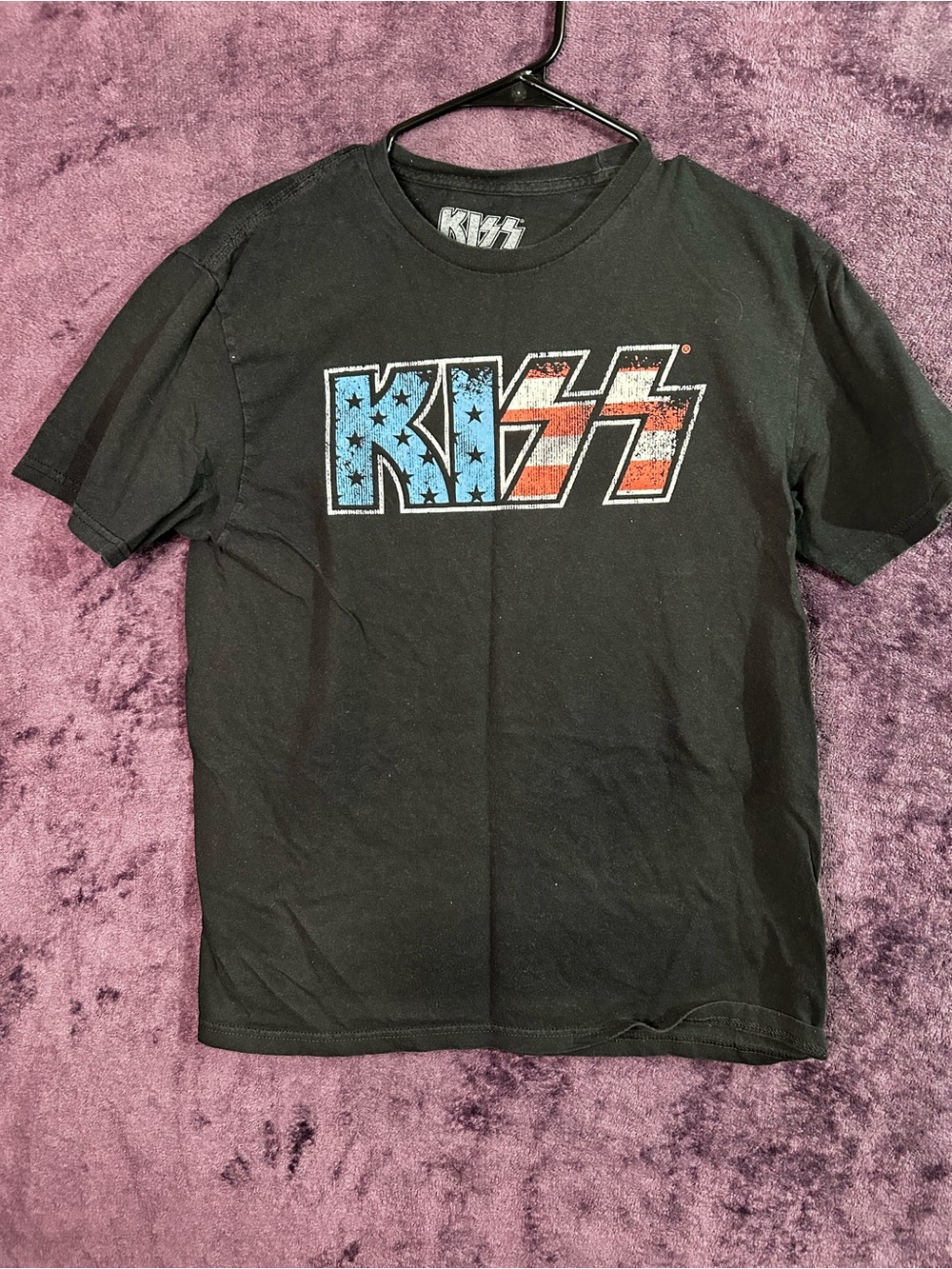 Kiss Black Tee with Red & Blue Flag Logo